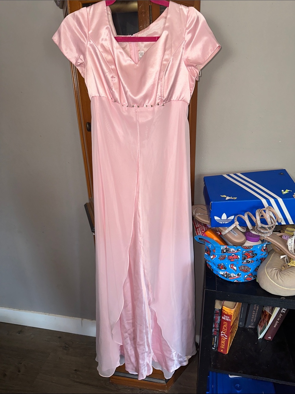 Fiesta Pink Satin Evening Gown Y2K With Roses